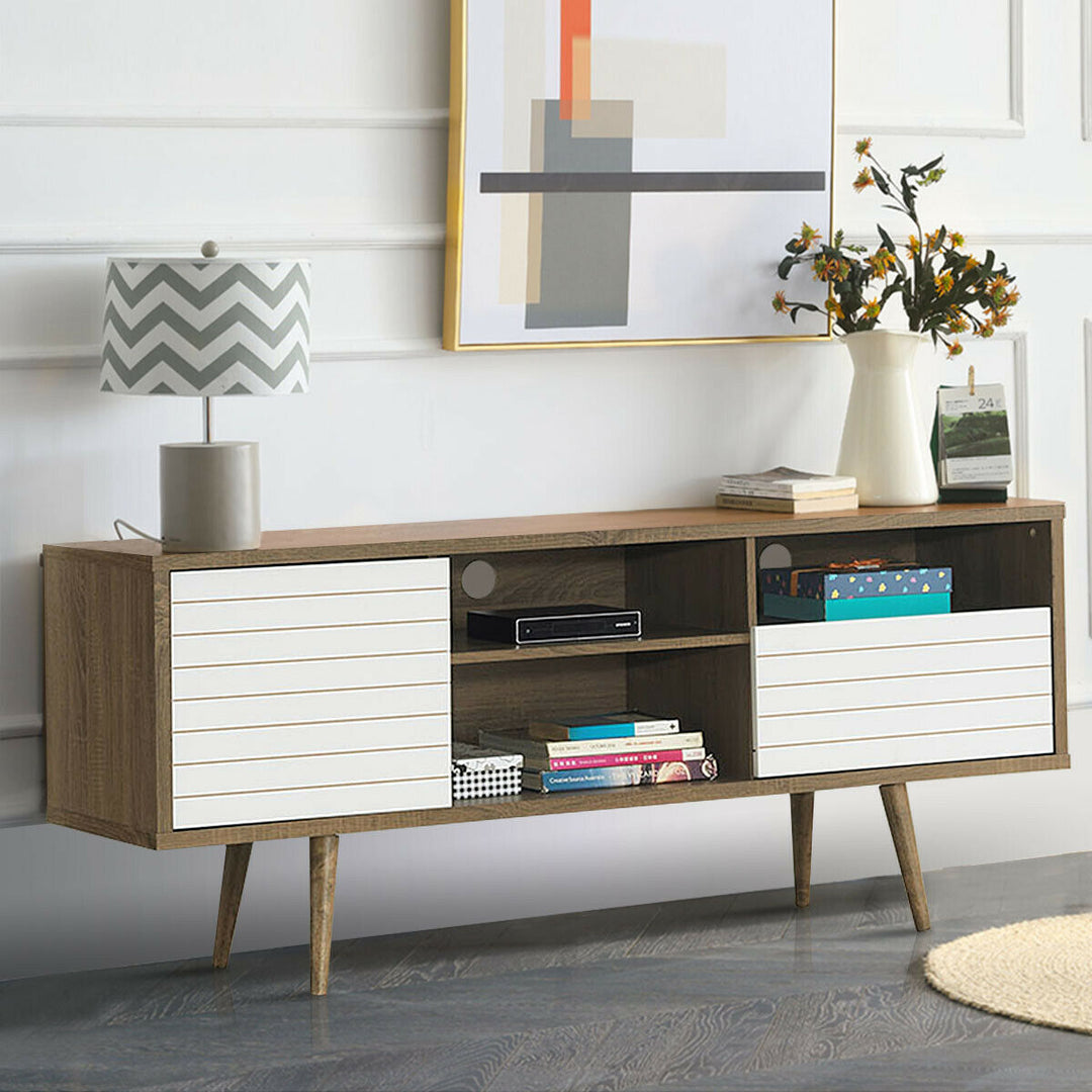 Modern TV Stand/Console Cabinet 3 Shelves Storage Drawer Splayed Leg Wood/White Image 3