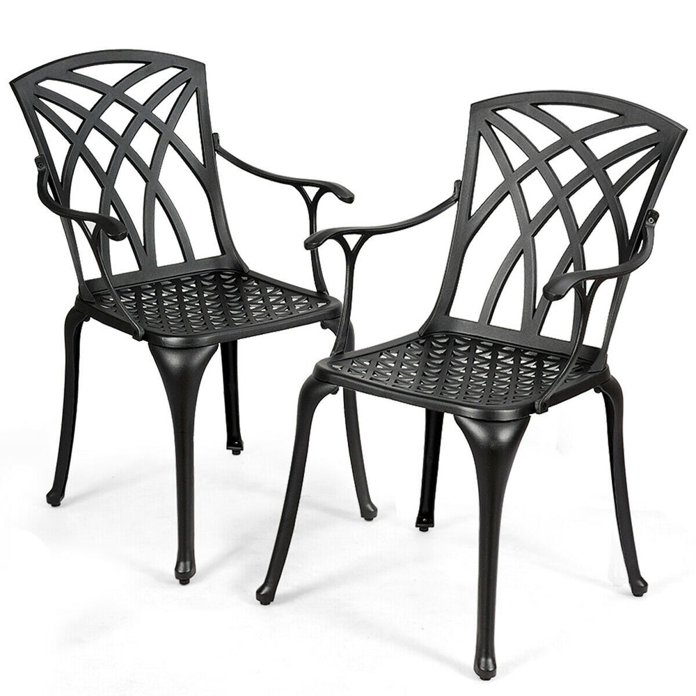 Set of 2 Cast Aluminum Dining Chairs Durable Solid Construction W/Armrest Black Image 2