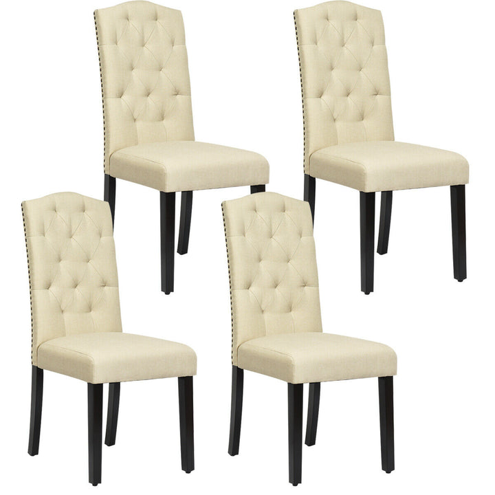 Set of 4 Beige Tufted Dining Chair Upholstered w/ Nailhead Trim and Rubber Wooden Legs Image 1