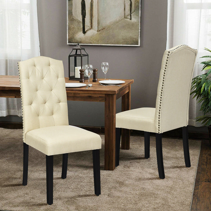 Set of 4 Beige Tufted Dining Chair Upholstered w/ Nailhead Trim and Rubber Wooden Legs Image 3