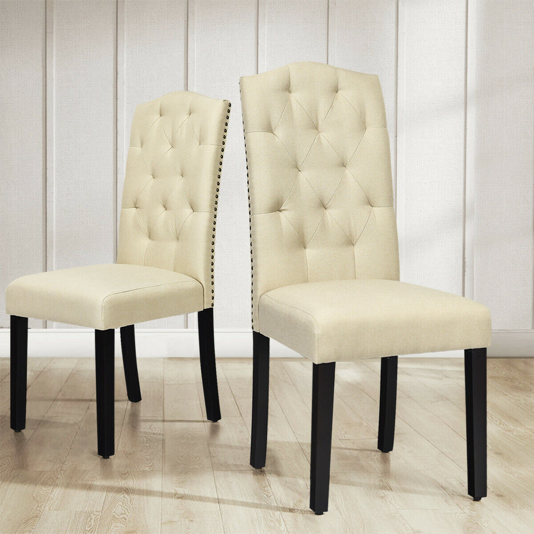 Set of 4 Beige Tufted Dining Chair Upholstered w/ Nailhead Trim and Rubber Wooden Legs Image 5