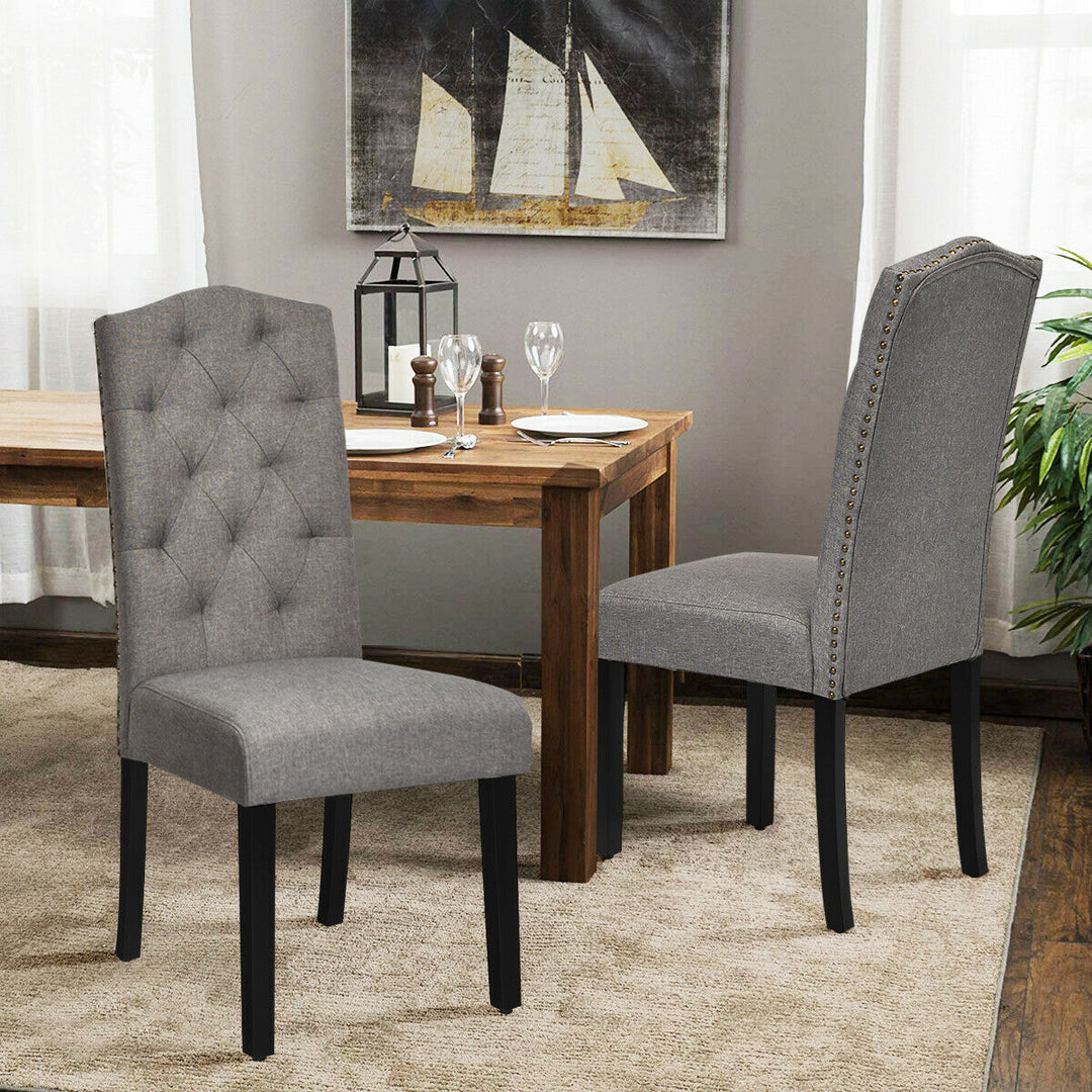 Set of 2 Tufted Dining Chair Upholstered w/ Nailhead Trim and Rubber Wooden Legs Image 3