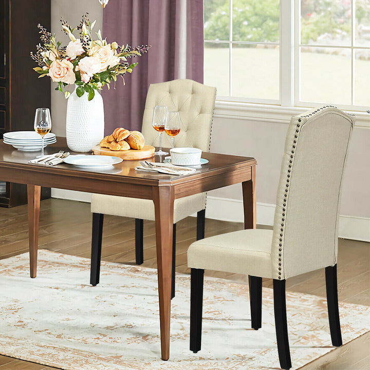 Set of 4 Beige Tufted Dining Chair Upholstered w/ Nailhead Trim and Rubber Wooden Legs Image 6