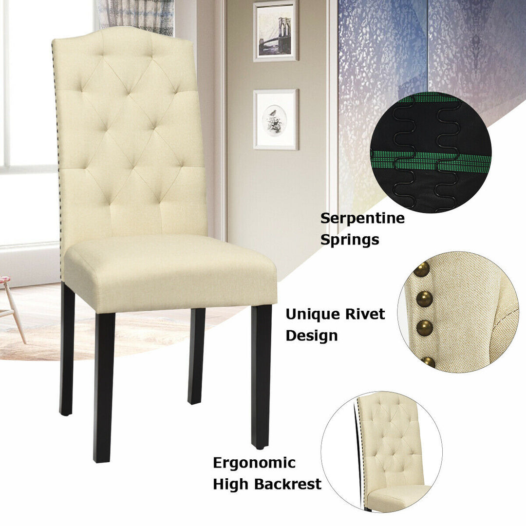 Set of 4 Beige Tufted Dining Chair Upholstered w/ Nailhead Trim and Rubber Wooden Legs Image 7