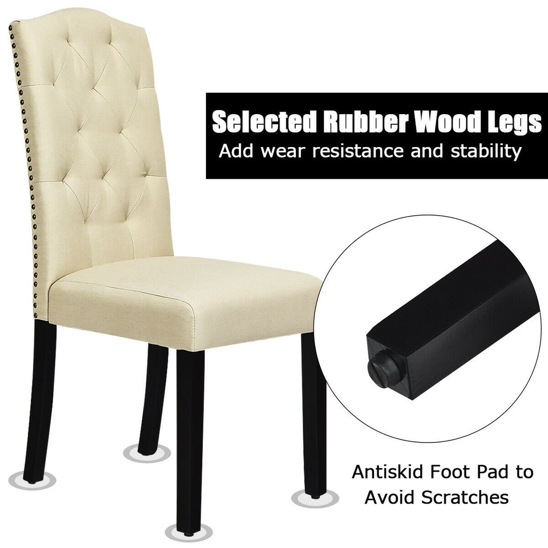 Set of 4 Beige Tufted Dining Chair Upholstered w/ Nailhead Trim and Rubber Wooden Legs Image 8