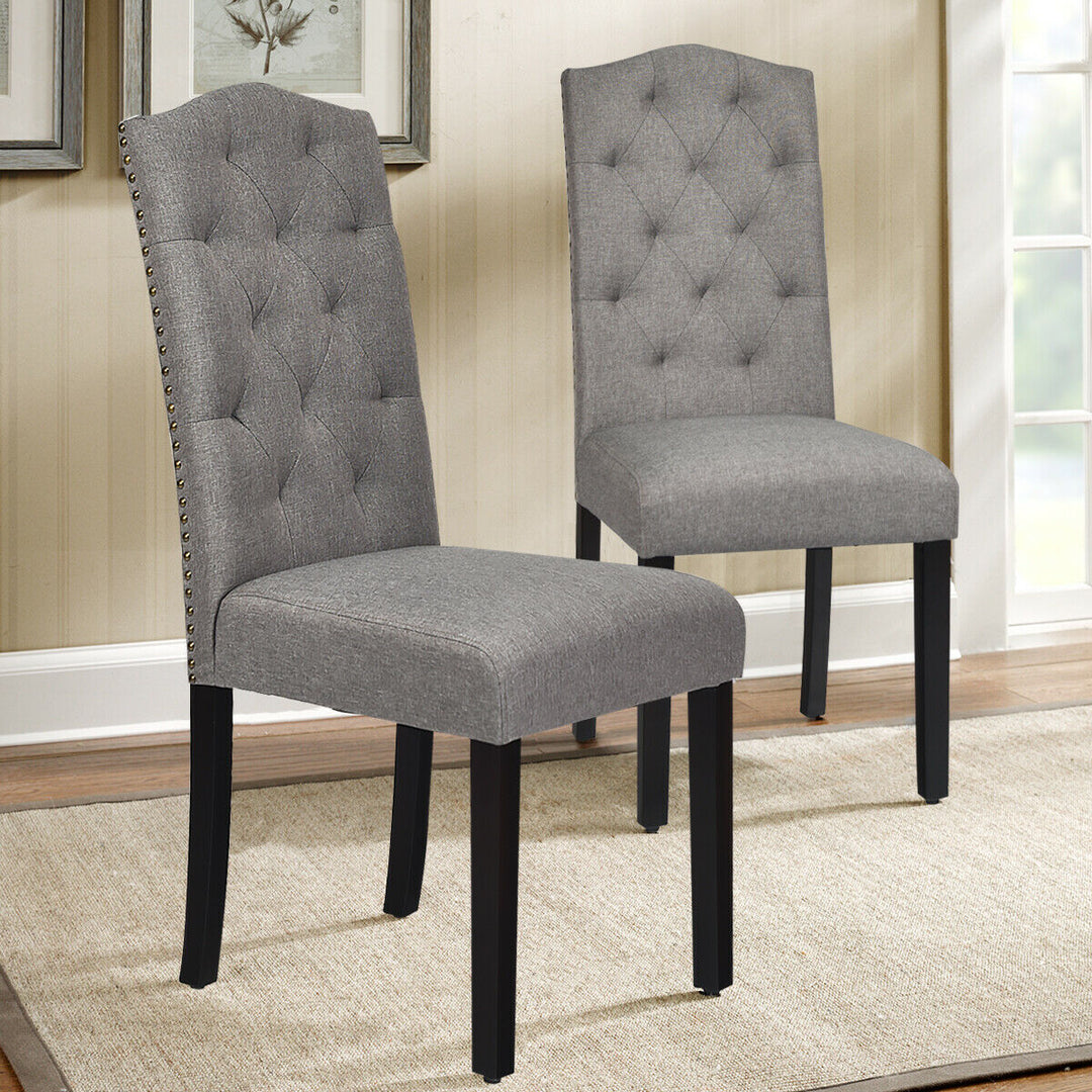 Set of 2 Tufted Dining Chair Upholstered w/ Nailhead Trim and Rubber Wooden Legs Image 5