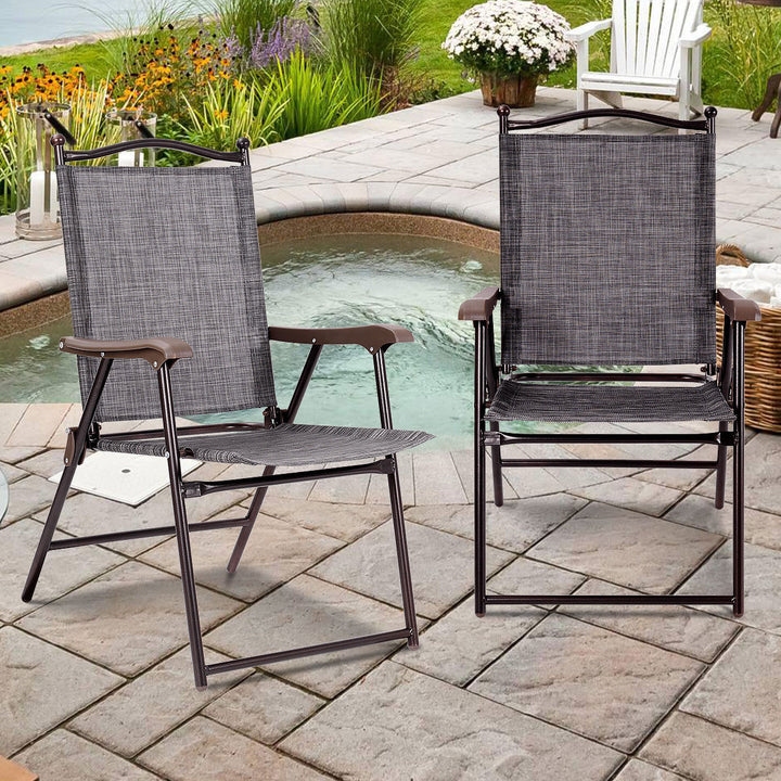 Set of 2 Folding Patio Furniture Sling Back Chairs Outdoors Gray Image 1