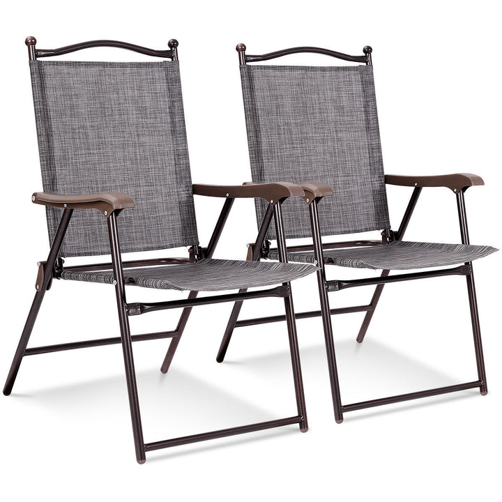 Set of 2 Folding Patio Furniture Sling Back Chairs Outdoors Gray Image 2