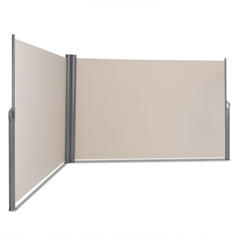 237 x 71 H Patio Retractable Double Folding Side Awning Screen Divider Beige Image 2