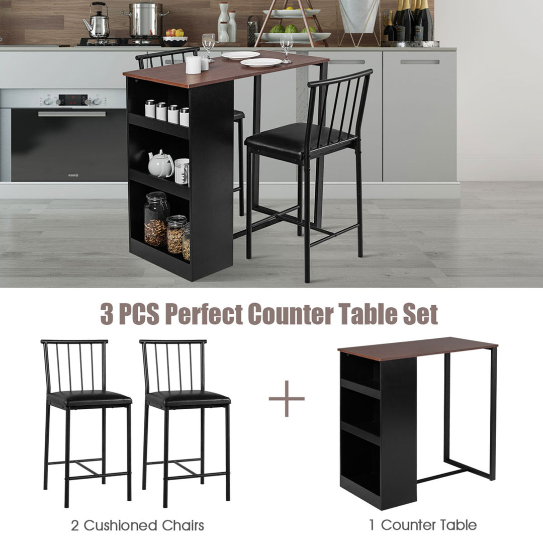 3 Piece Counter Height Pub Dining Set Kitchen Table and Chairs w/ Storage Espresso Image 7