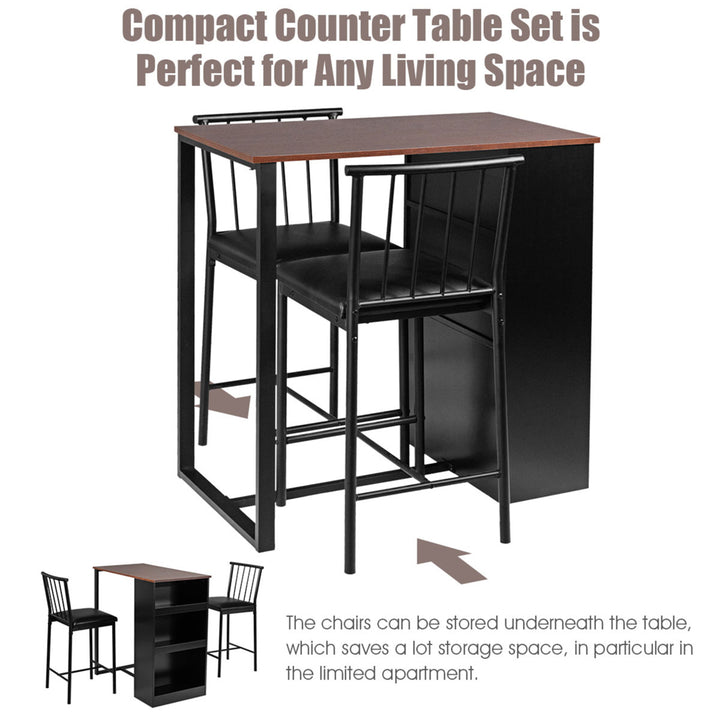 3 Piece Counter Height Pub Dining Set Kitchen Table and Chairs w/ Storage Espresso Image 8