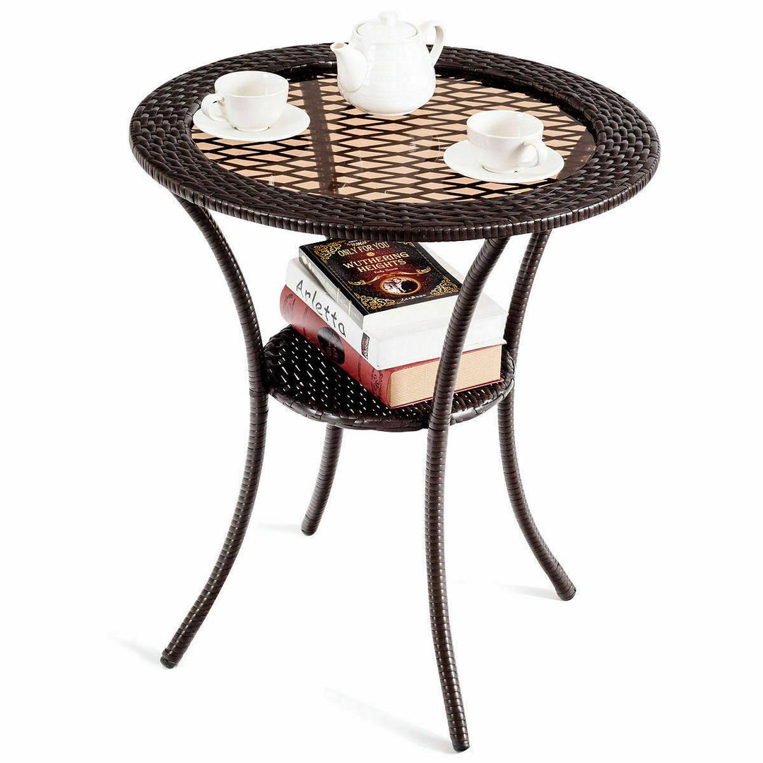 Round Rattan Wicker Coffee Table Glass Top Steel Frame Patio Furni W/Lower Shelf Image 1