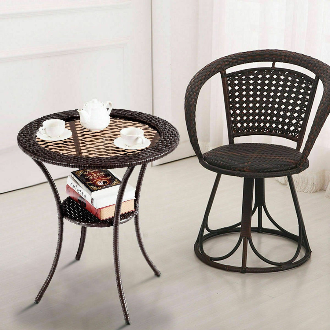 Round Rattan Wicker Coffee Table Glass Top Steel Frame Patio Furni W/Lower Shelf Image 3