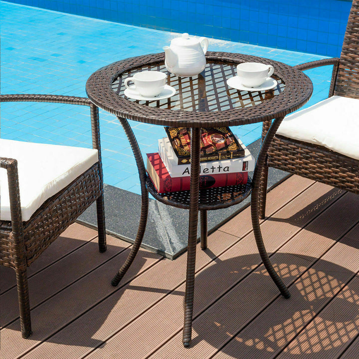 Round Rattan Wicker Coffee Table Glass Top Steel Frame Patio Furni W/Lower Shelf Image 4