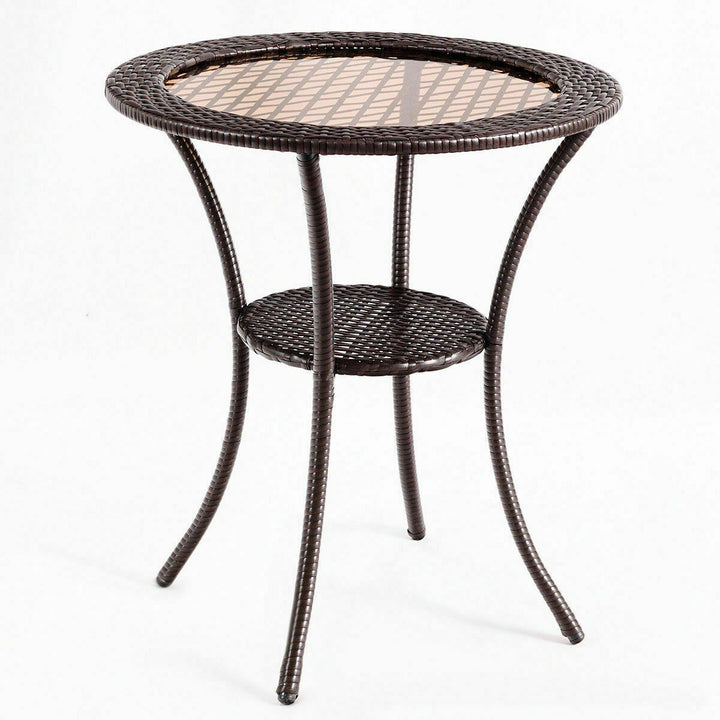 Round Rattan Wicker Coffee Table Glass Top Steel Frame Patio Furni W/Lower Shelf Image 7