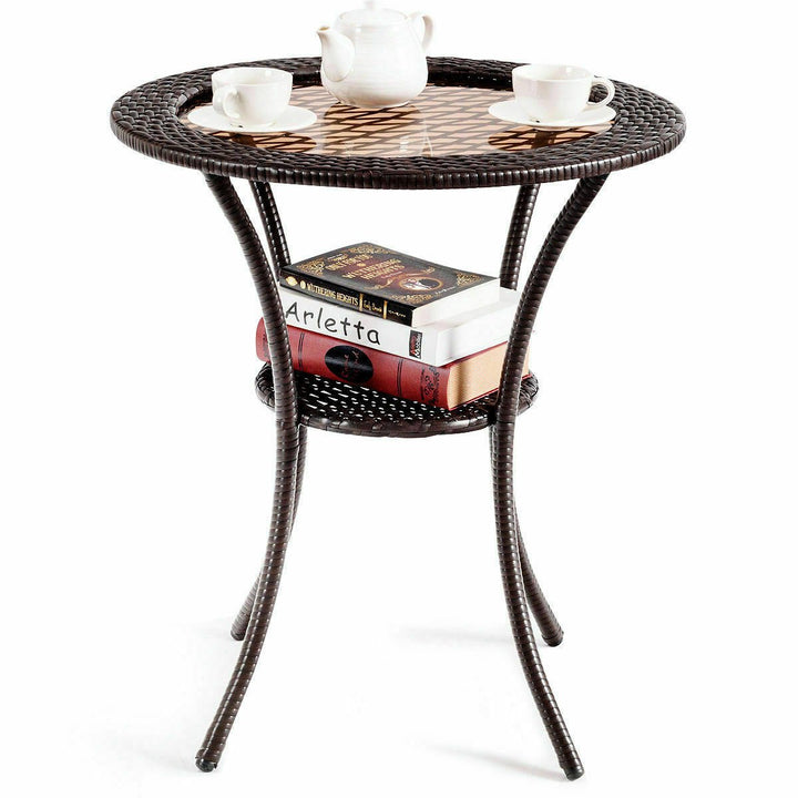 Round Rattan Wicker Coffee Table Glass Top Steel Frame Patio Furni W/Lower Shelf Image 8