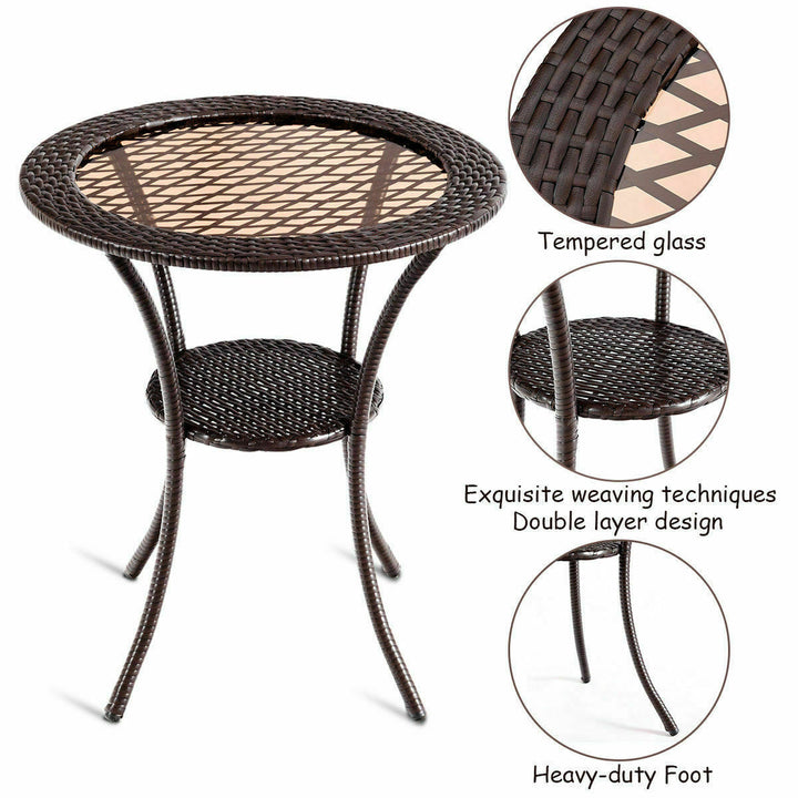 Round Rattan Wicker Coffee Table Glass Top Steel Frame Patio Furni W/Lower Shelf Image 10