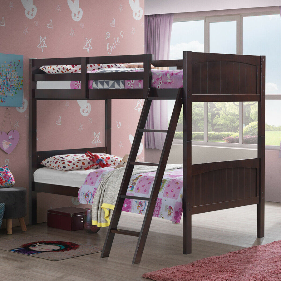 Wooden Twin Over Twin Bunk Beds Convertable 2 Individual Twin Beds Espresso Image 1