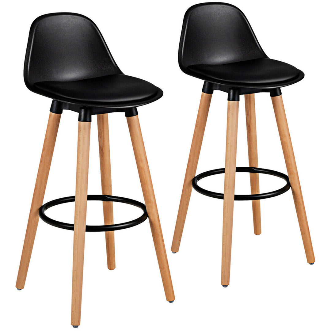 Set of 2 Mid Century Barstool 28.5" Dining Pub Chair w/Leather Padded Seat Black Image 1