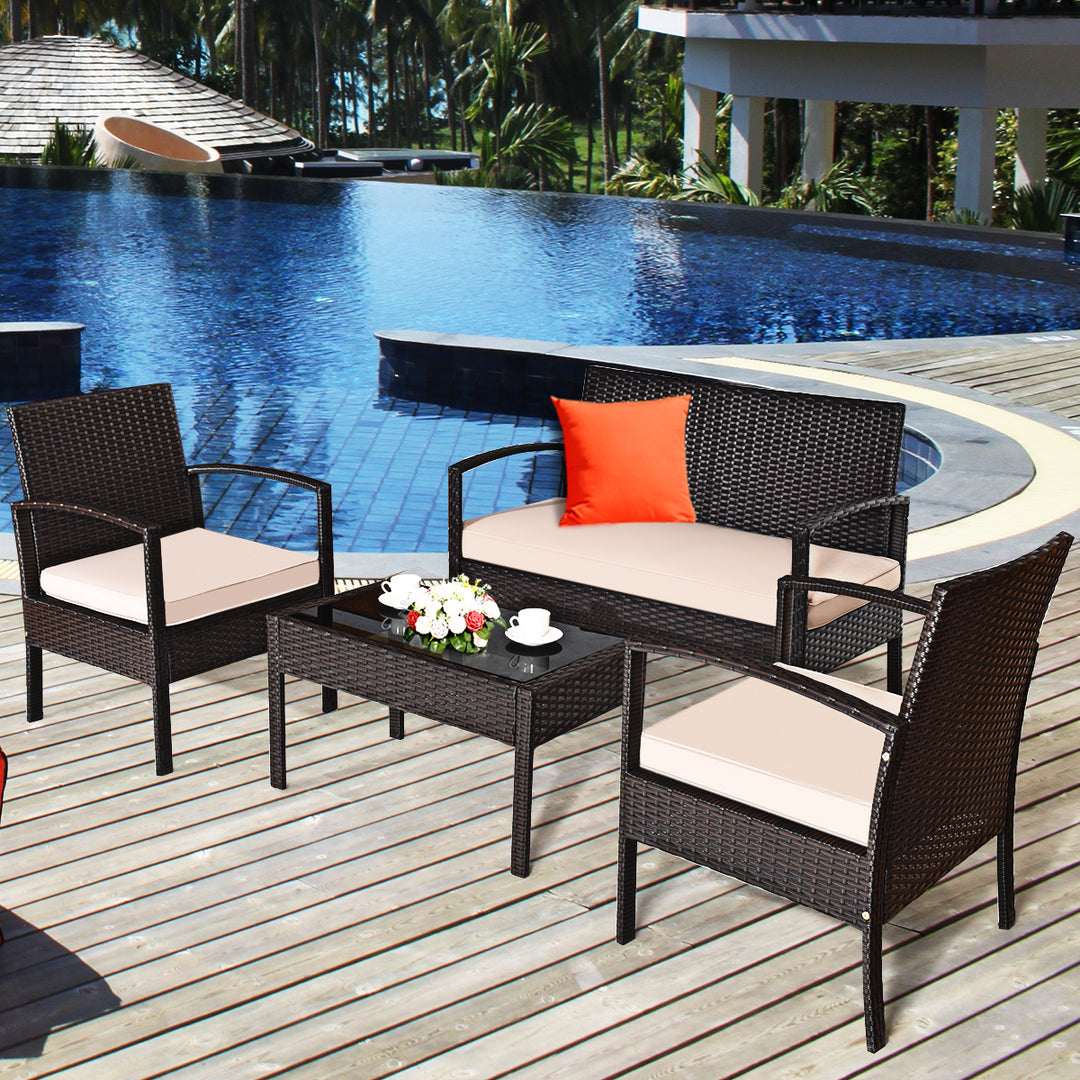 4PCS Patio Rattan Set Cushioned Sectional Sofa Glass Table Image 1