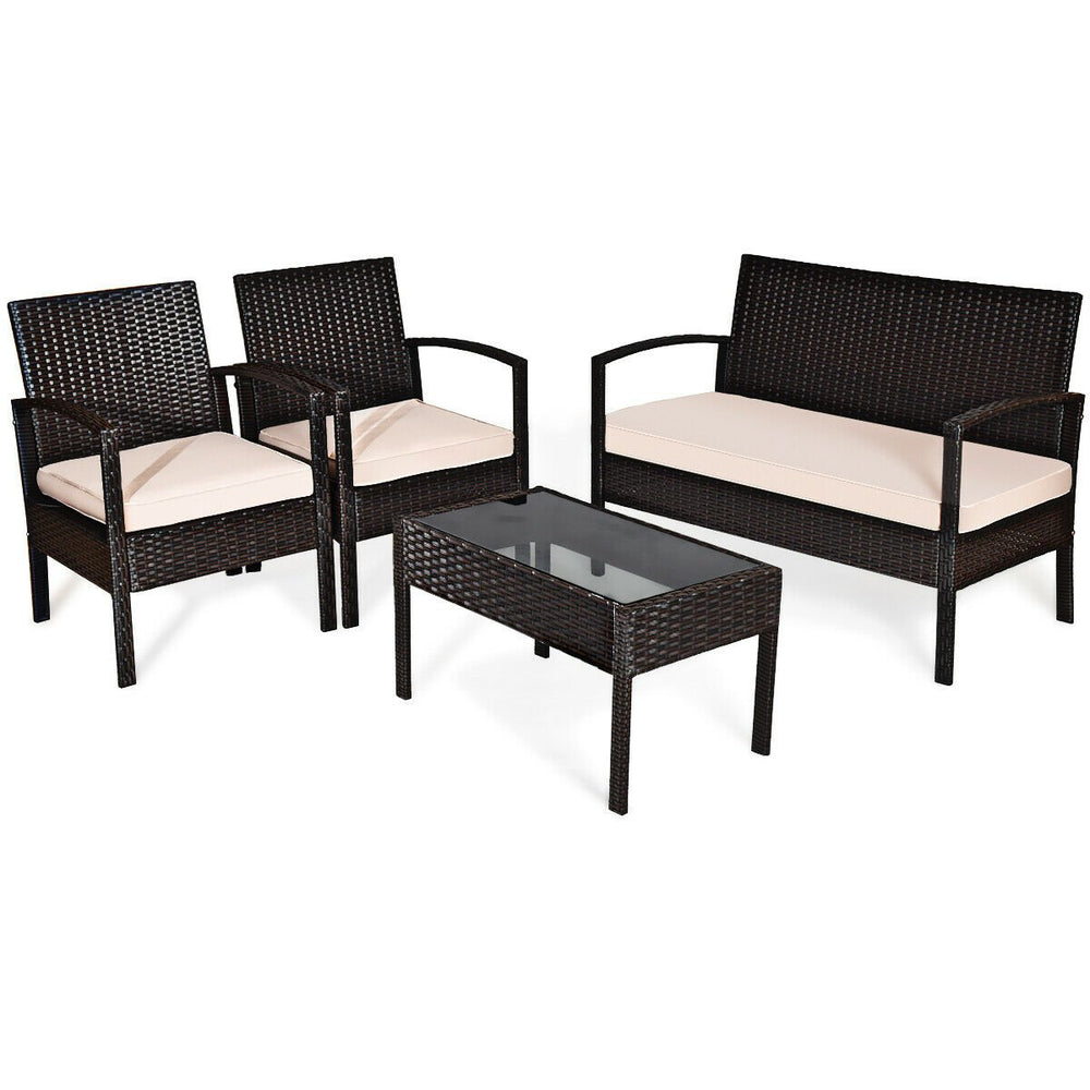 4PCS Patio Rattan Set Cushioned Sectional Sofa Glass Table Image 2