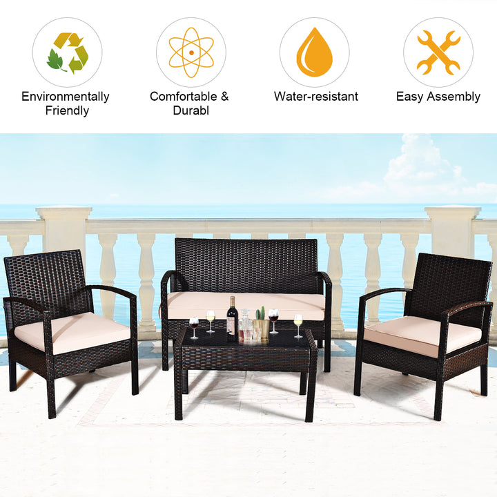 4PCS Patio Rattan Set Cushioned Sectional Sofa Glass Table Image 3