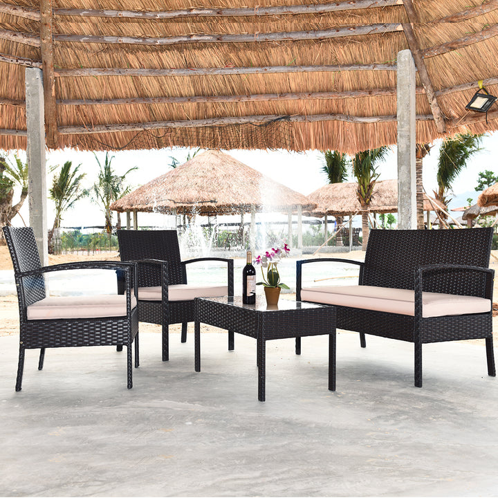 4PCS Patio Rattan Set Cushioned Sectional Sofa Glass Table Image 4