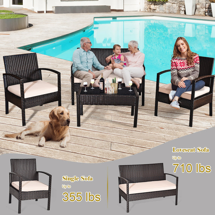 4PCS Patio Rattan Set Cushioned Sectional Sofa Glass Table Image 5