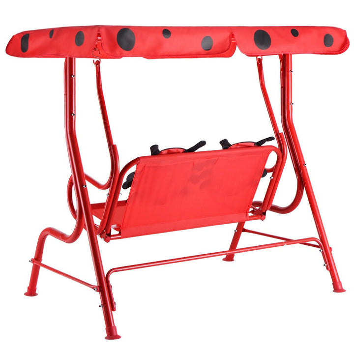 Kids Patio Porch Bench Swing w/ Safety Belt Canopy Outdoor Furniture Red Image 5