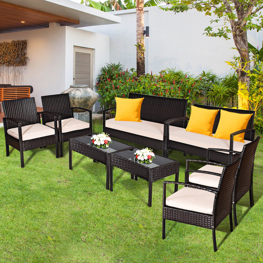 8PCS Patio Rattan Set Cushioned Sectional Sofa Glass Table Image 1