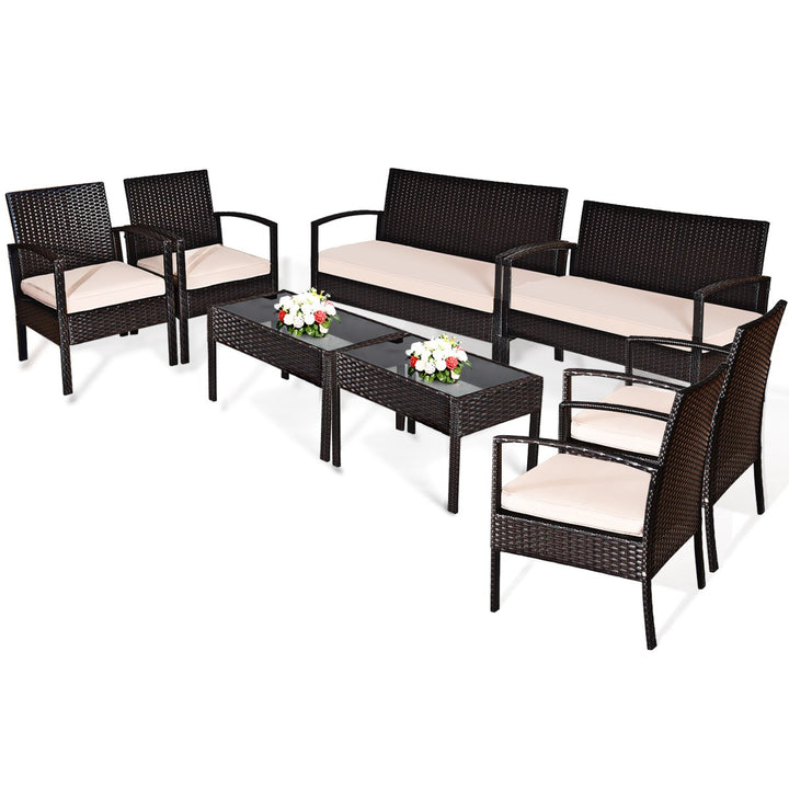 8PCS Patio Rattan Set Cushioned Sectional Sofa Glass Table Image 2