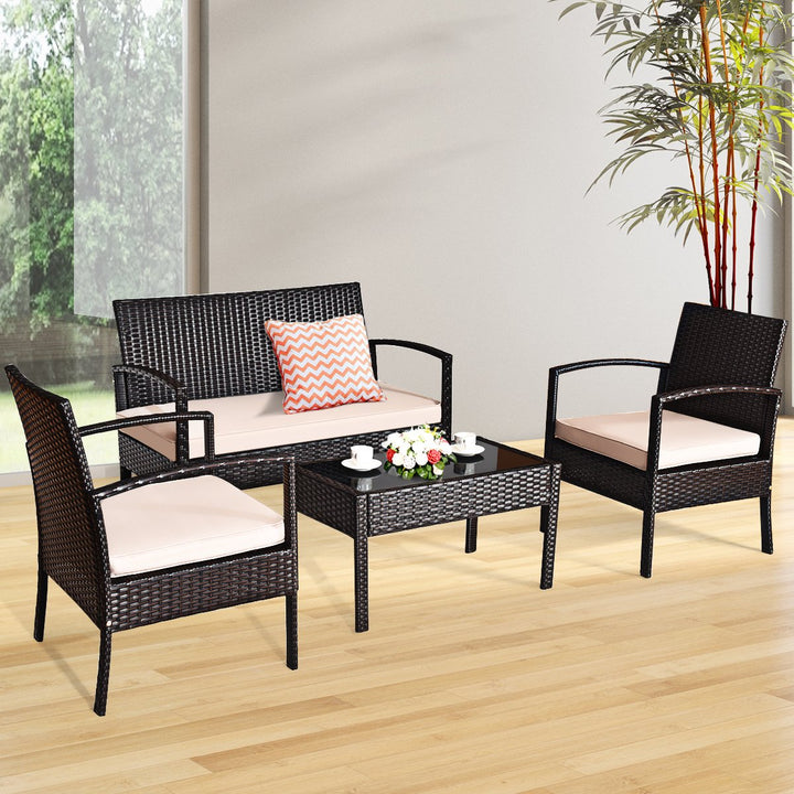 4PCS Patio Rattan Set Cushioned Sectional Sofa Glass Table Image 6