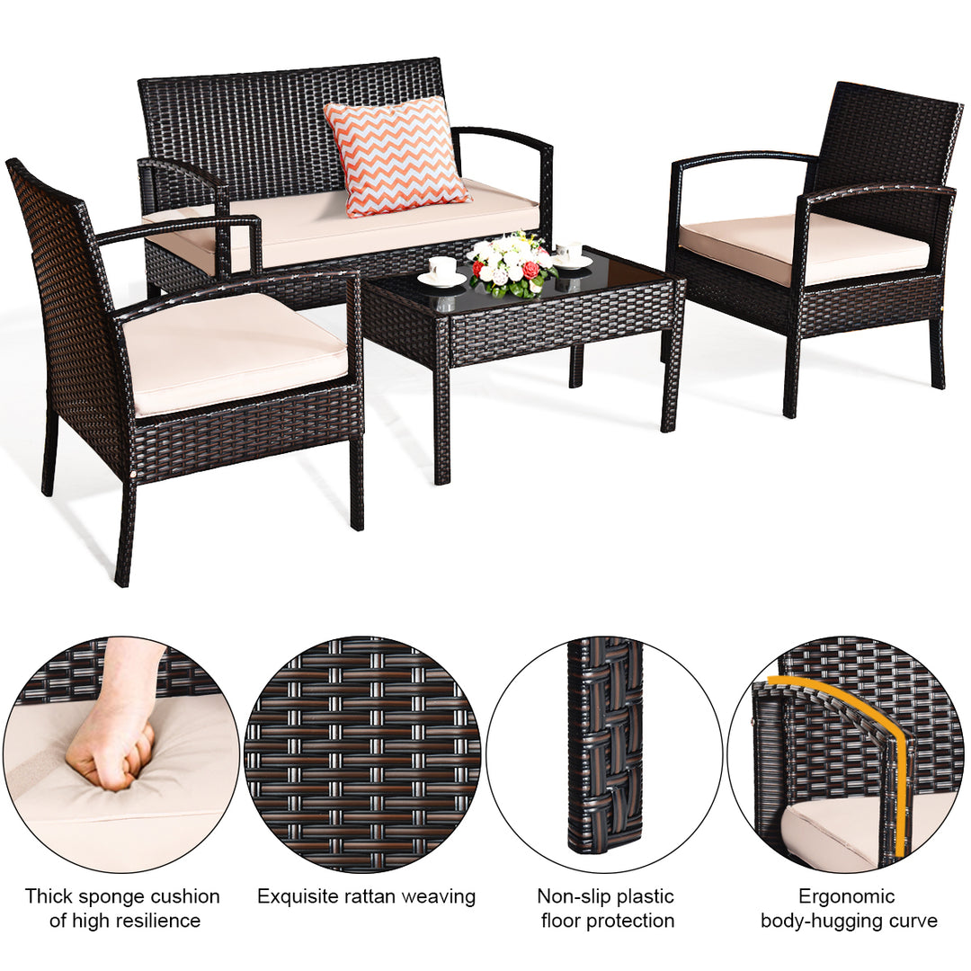 4PCS Patio Rattan Set Cushioned Sectional Sofa Glass Table Image 8