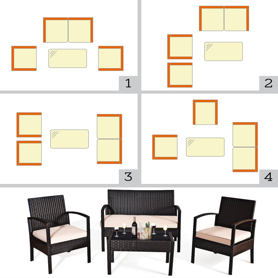 4PCS Patio Rattan Set Cushioned Sectional Sofa Glass Table Image 10