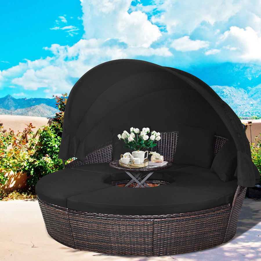 Cushioned Patio Rattan Round Daybed w/ Adjustable Table 3 Pillows Black Image 1