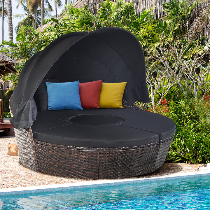 Cushioned Patio Rattan Round Daybed w/ Adjustable Table 3 Pillows Black Image 5