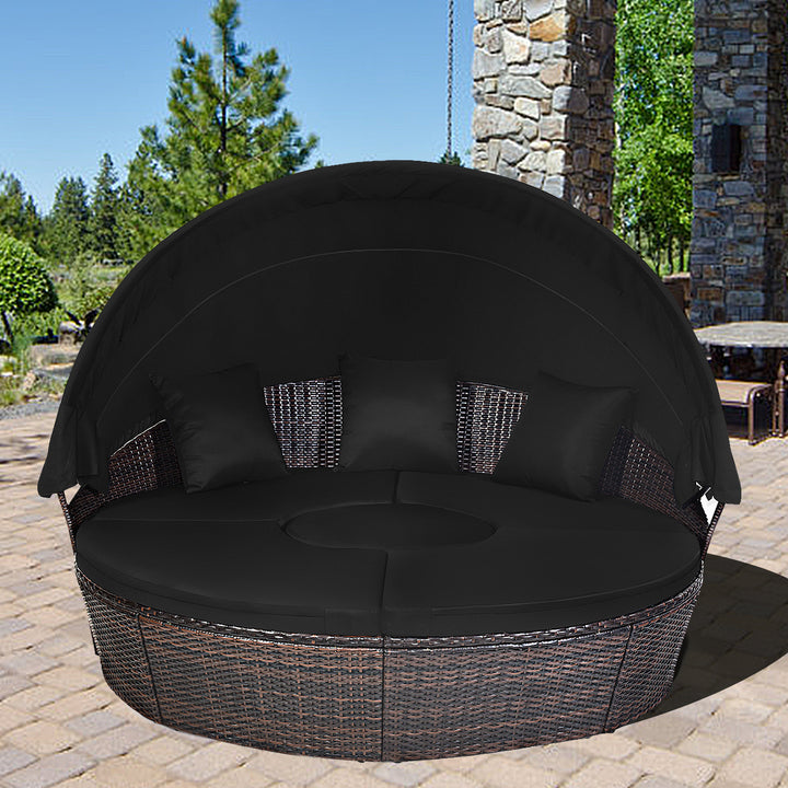 Cushioned Patio Rattan Round Daybed w/ Adjustable Table 3 Pillows Black Image 4