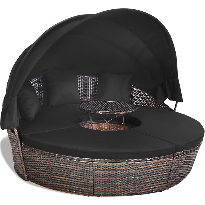 Cushioned Patio Rattan Round Daybed w/ Adjustable Table 3 Pillows Black Image 2