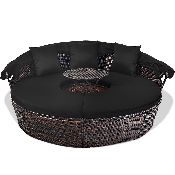 Cushioned Patio Rattan Round Daybed w/ Adjustable Table 3 Pillows Black Image 6