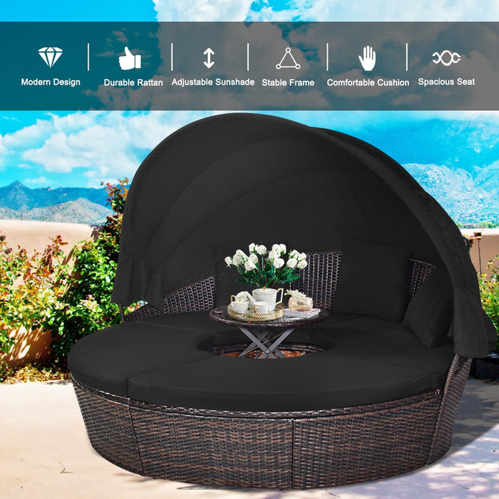 Cushioned Patio Rattan Round Daybed w/ Adjustable Table 3 Pillows Black Image 8