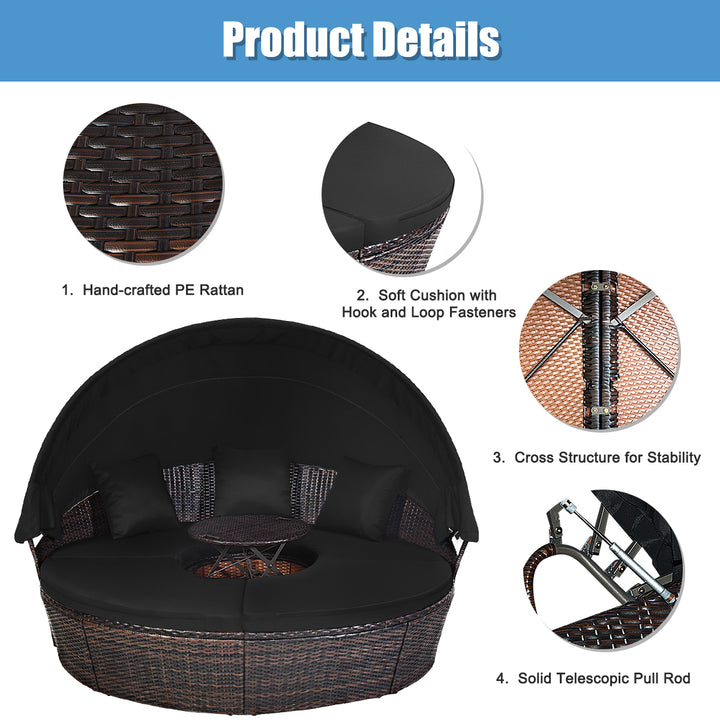 Cushioned Patio Rattan Round Daybed w/ Adjustable Table 3 Pillows Black Image 10