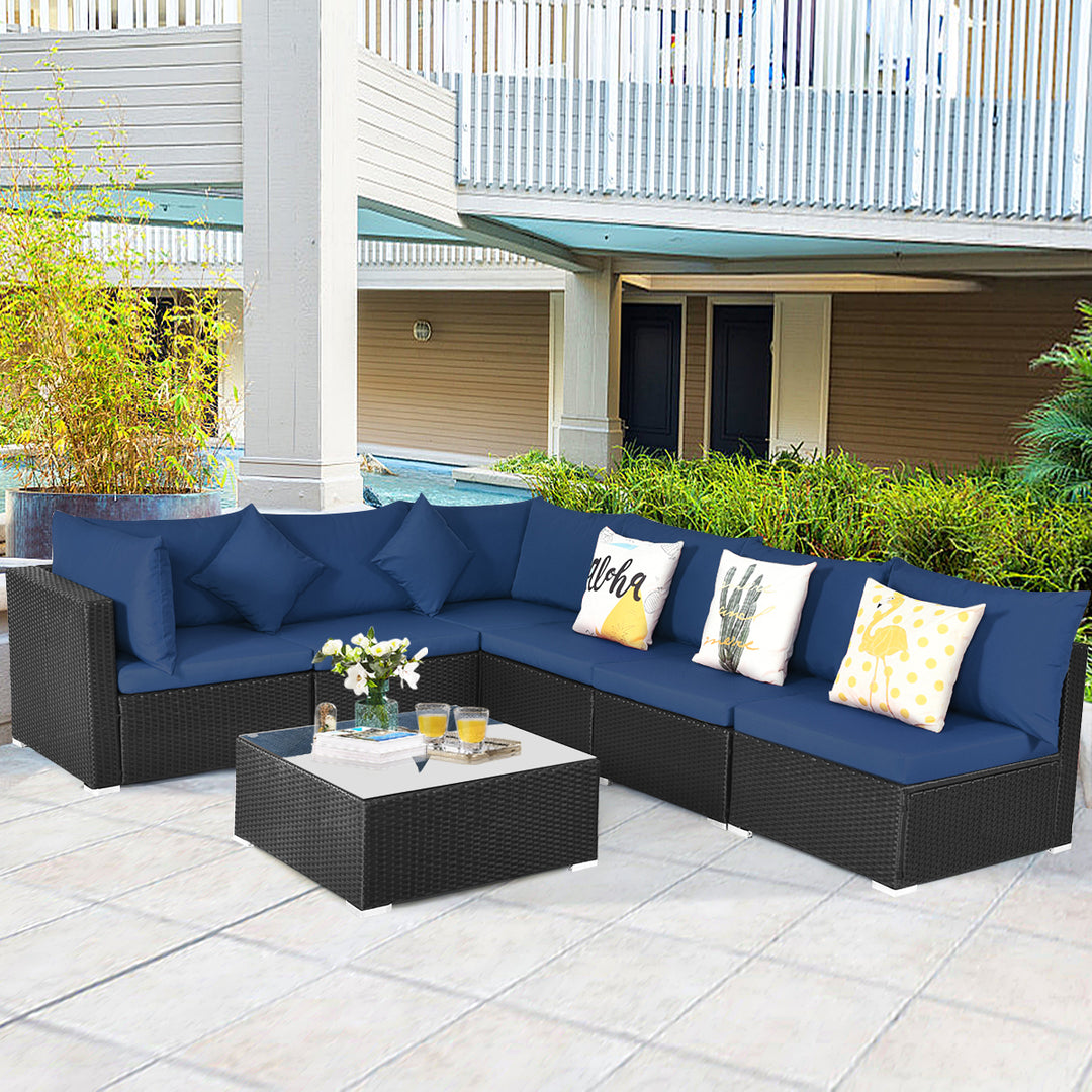 7PCS Rattan Patio Conversation Set Sectional Furniture Set w/ Navy Cushion Image 6