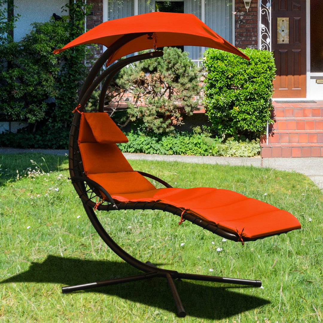 Patio Hammock Swing Chair Hanging Chaise w/ Cushion Pillow Canopy Orange Image 1