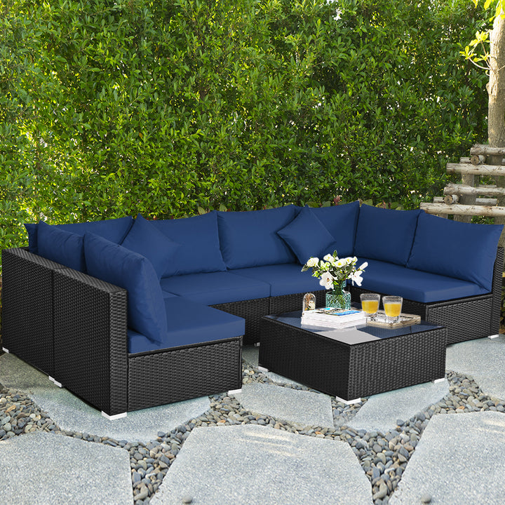 7PCS Rattan Patio Conversation Set Sectional Furniture Set w/ Navy Cushion Image 7