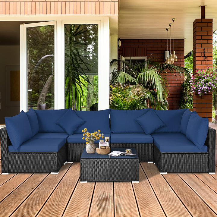 7PCS Rattan Patio Conversation Set Sectional Furniture Set w/ Navy Cushion Image 4