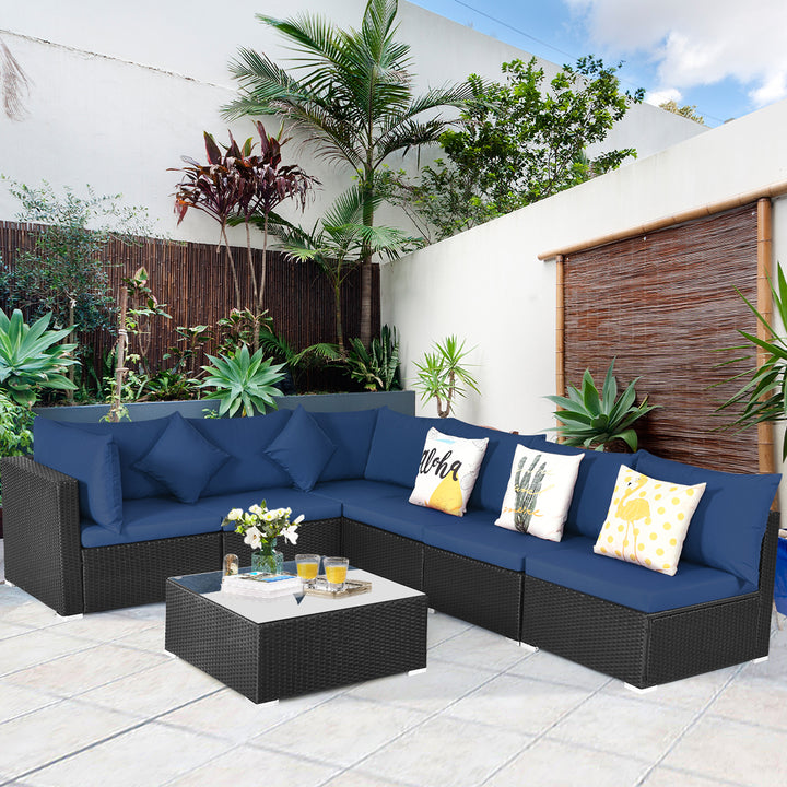 7PCS Rattan Patio Conversation Set Sectional Furniture Set w/ Navy Cushion Image 5