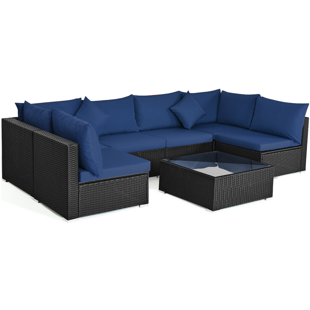 7PCS Rattan Patio Conversation Set Sectional Furniture Set w/ Navy Cushion Image 2