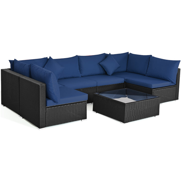 7PCS Rattan Patio Conversation Set Sectional Furniture Set w/ Navy Cushion Image 2