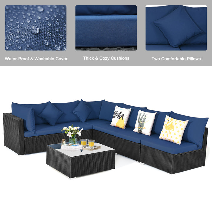 7PCS Rattan Patio Conversation Set Sectional Furniture Set w/ Navy Cushion Image 8