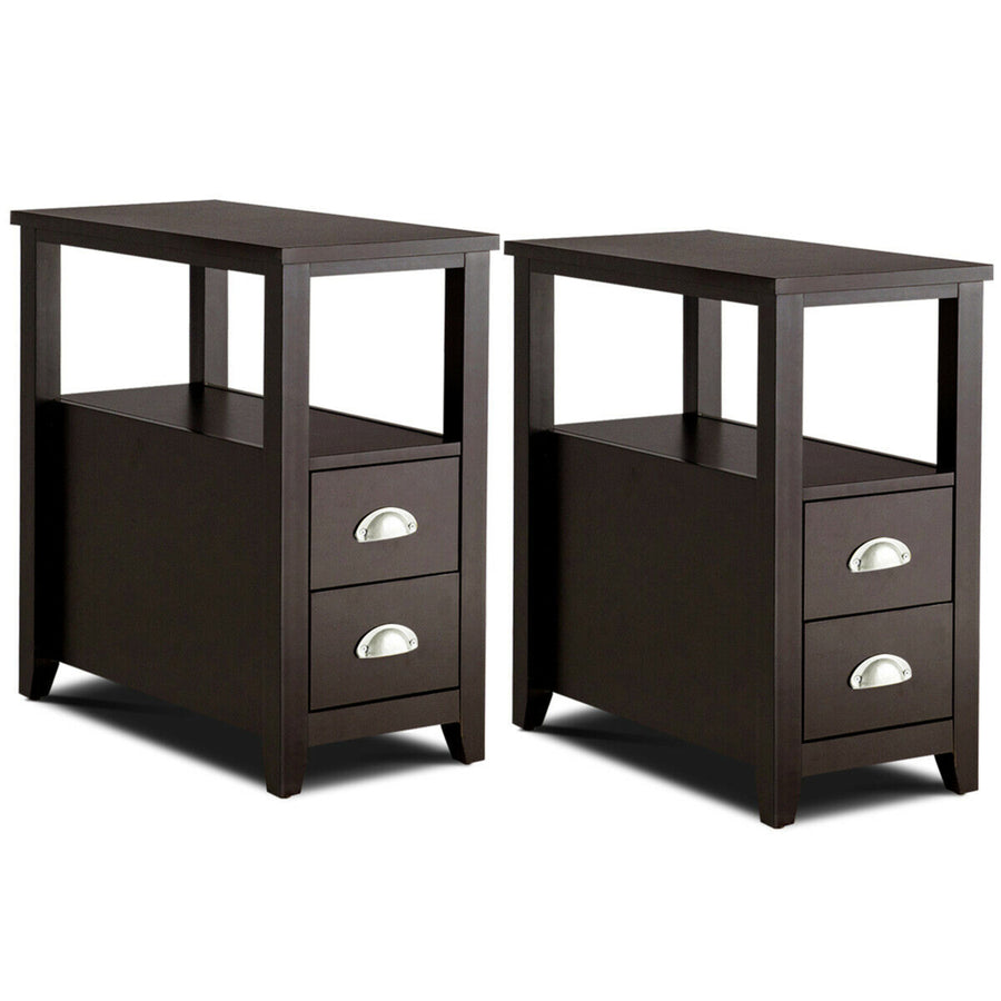 Set of 2 End Bedside Table Rectangular Nightstand W/ 2 Drawers and Shelf Espresso Image 1